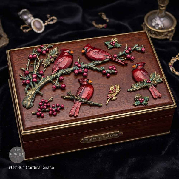 Wooden jewelry box with cardinal bird and berry design . Silicone mold with bird and branch design. Cardinal Grace Mould by Redesign with Prima Christmas