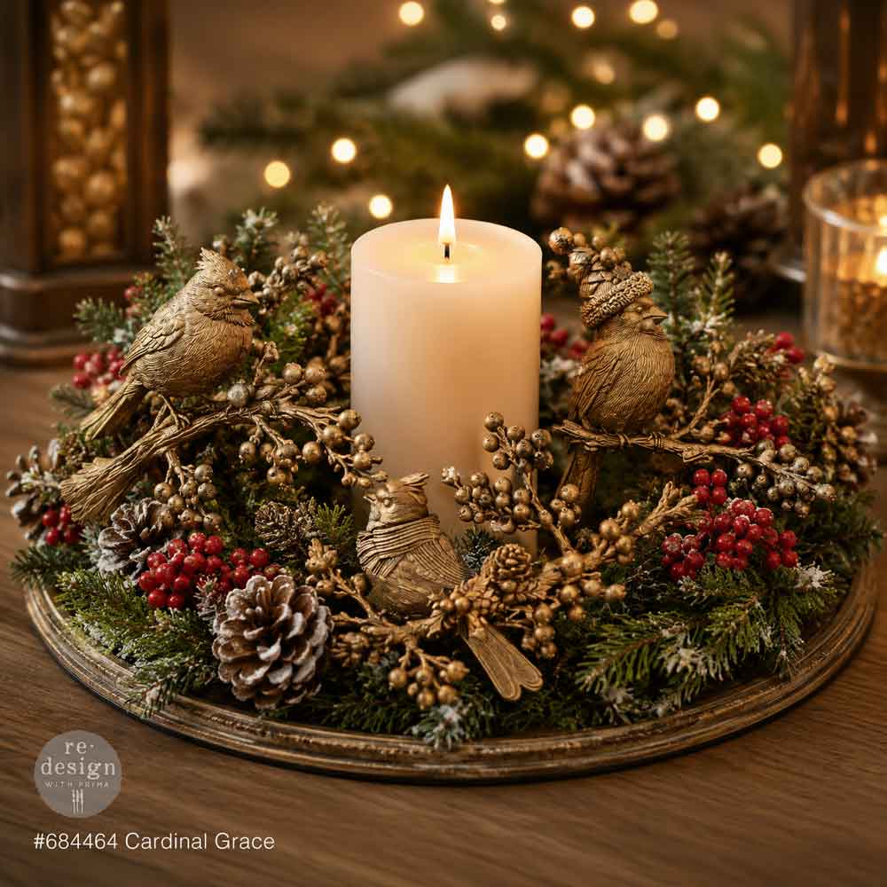 Decorative candle holder with cardinal birds, pinecones, and berries . Silicone mold with bird and branch design. Cardinal Grace Mould by Redesign with Prima Christmas