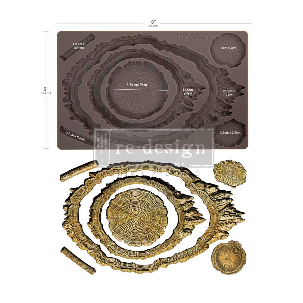 Carved wooden decorative pieces silicone mold, shown with dimension labels on a white background. Evergreen Embers Mould by Redesign with Prima