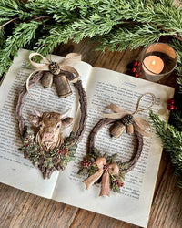 Decorative wreaths with animal heads , Carved wooden decorative pieces silicone mold, shown with dimension labels on a white background. Evergreen Embers Mould by Redesign with Prima