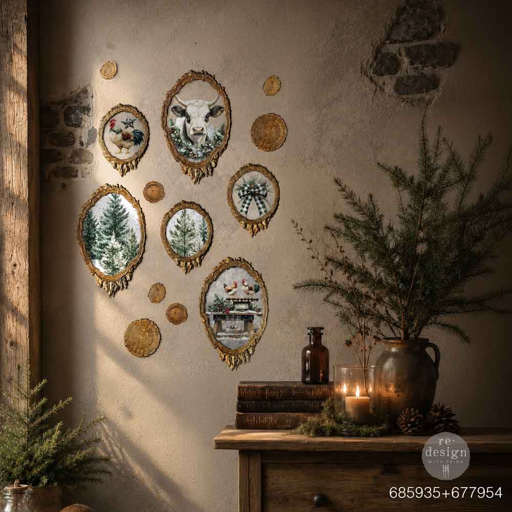 Decorative wall plates, Carved wooden decorative pieces silicone mold, shown with dimension labels on a white background. Evergreen Embers Mould by Redesign with Prima.