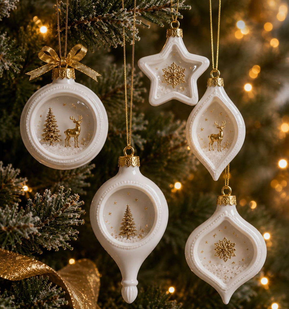 Decorative Christmas ornaments on a tree with gold accents. Silicone mold for making Christmas ornaments. Noel Elegance Mould by Redesign with Prima for Christmas