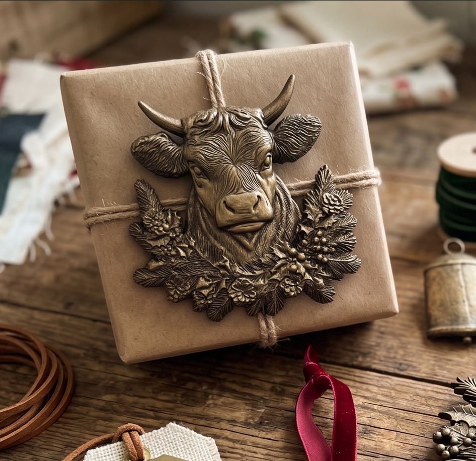 Silicone mold with Christmas-themed designs including a bull, stars, bows, and pine cones. Winter Barnstead Mould by Redesign with Prima
