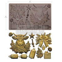 Silicone mold with Christmas-themed designs including a bull, stars, bows, and pine cones. Winter Barnstead Mould by Redesign with Prima