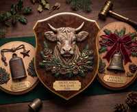 Wooden plaque with a bull's head design,. Silicone mold with Christmas-themed designs including a bull, stars, bows, and pine cones. Winter Barnstead Mould by Redesign with Prima