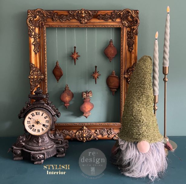  Christmas hanging ornaments, ornate frame. Christmas Ornament mould set shown with the blank mold on the left and the cast  ornament pieces on the right. Winter Luxe Blanks Mould by Redesign with Prima