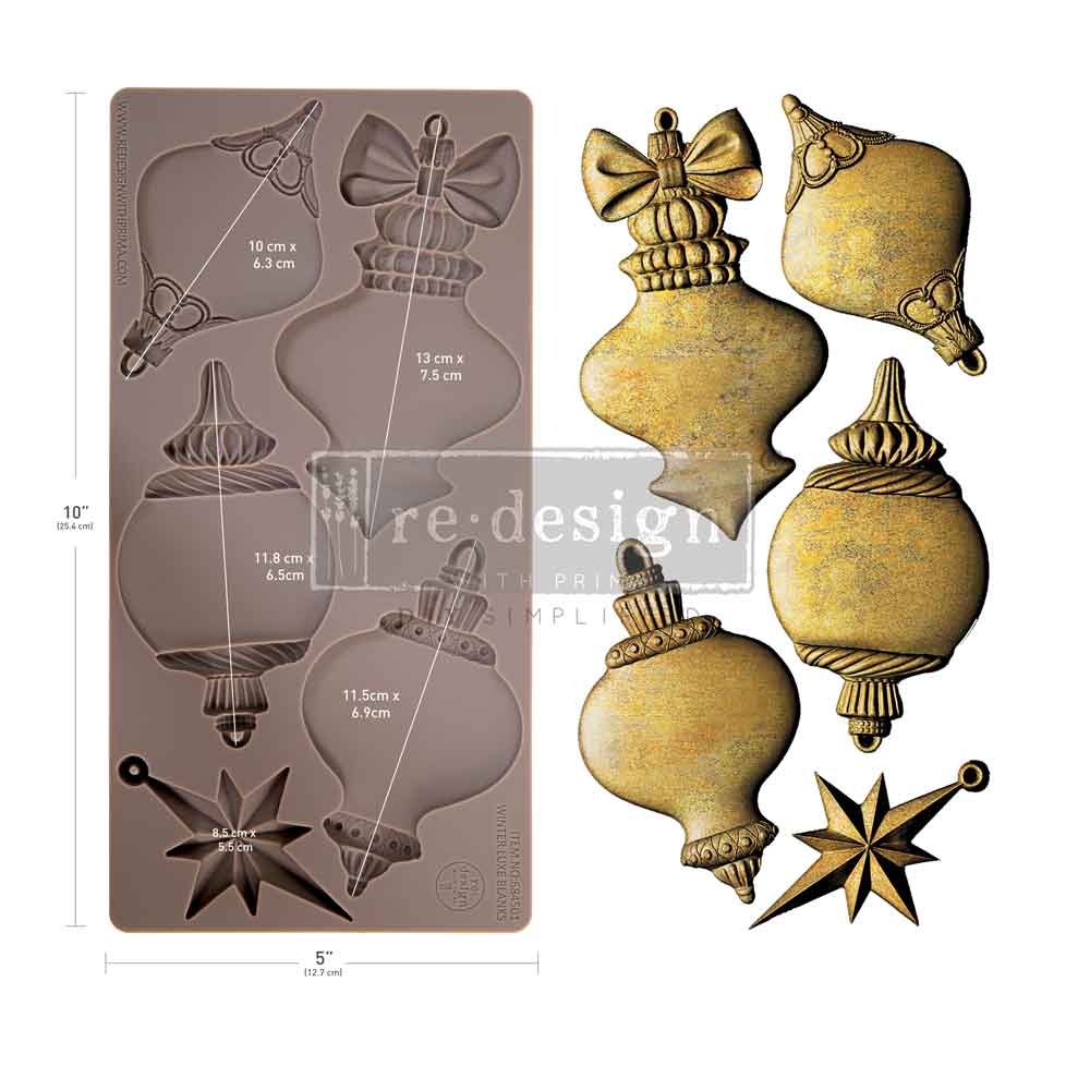 Christmas Ornament mould set shown with the blank mold on the left and the cast  ornament pieces on the right. Winter Luxe Blanks Mould by Redesign with Prima