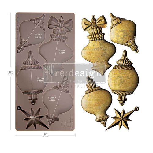 Christmas Ornament mould set shown with the blank mold on the left and the cast  ornament pieces on the right. Winter Luxe Blanks Mould by Redesign with Prima