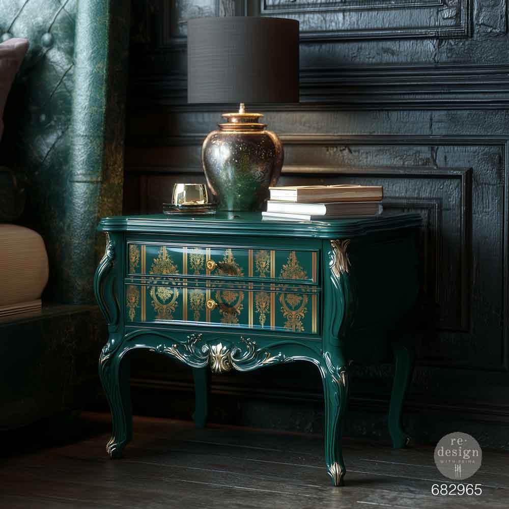 Decorative green nightstand with gold accents . Decorative gold pattern gold foil transfer. Redesign with Prima Christmas GOLD Chateau Filigree transfer Large KACHA 