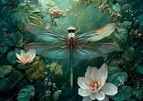 Dragonfly among flowers and leaves with a fantasy-like quality Deep Emerald Mulberry Decoupage Paper