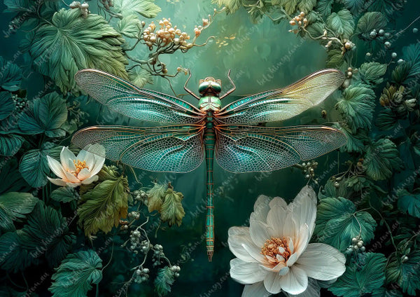 Dragonfly among flowers and leaves with a fantasy-like quality Deep Emerald Mulberry Decoupage Paper