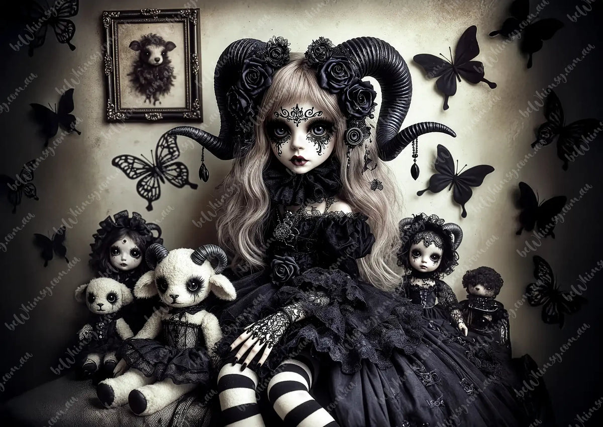Gothic-style doll with ram horns surrounded by dolls and butterflies. Dollmakers Curse Mulberry Decoupage Paper