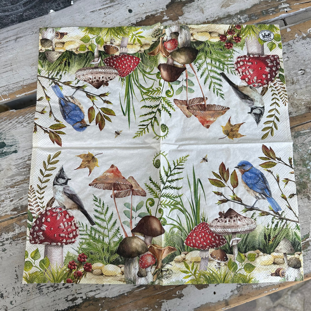Blue Bird & Mushroom Napkin for Decoupage