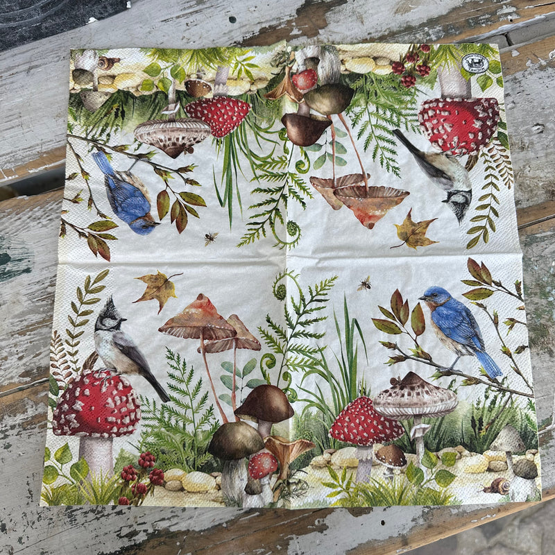 Blue Bird & Mushroom Napkin for Decoupage