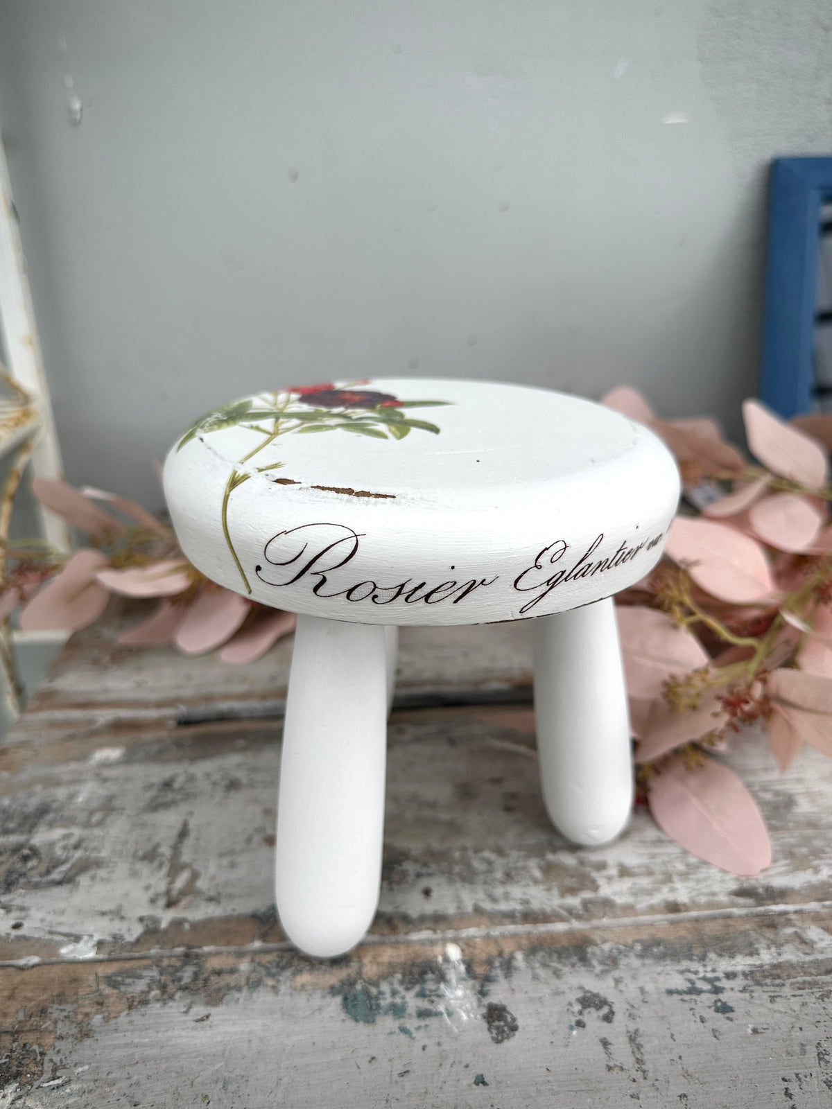 Small wood decor stool with floral