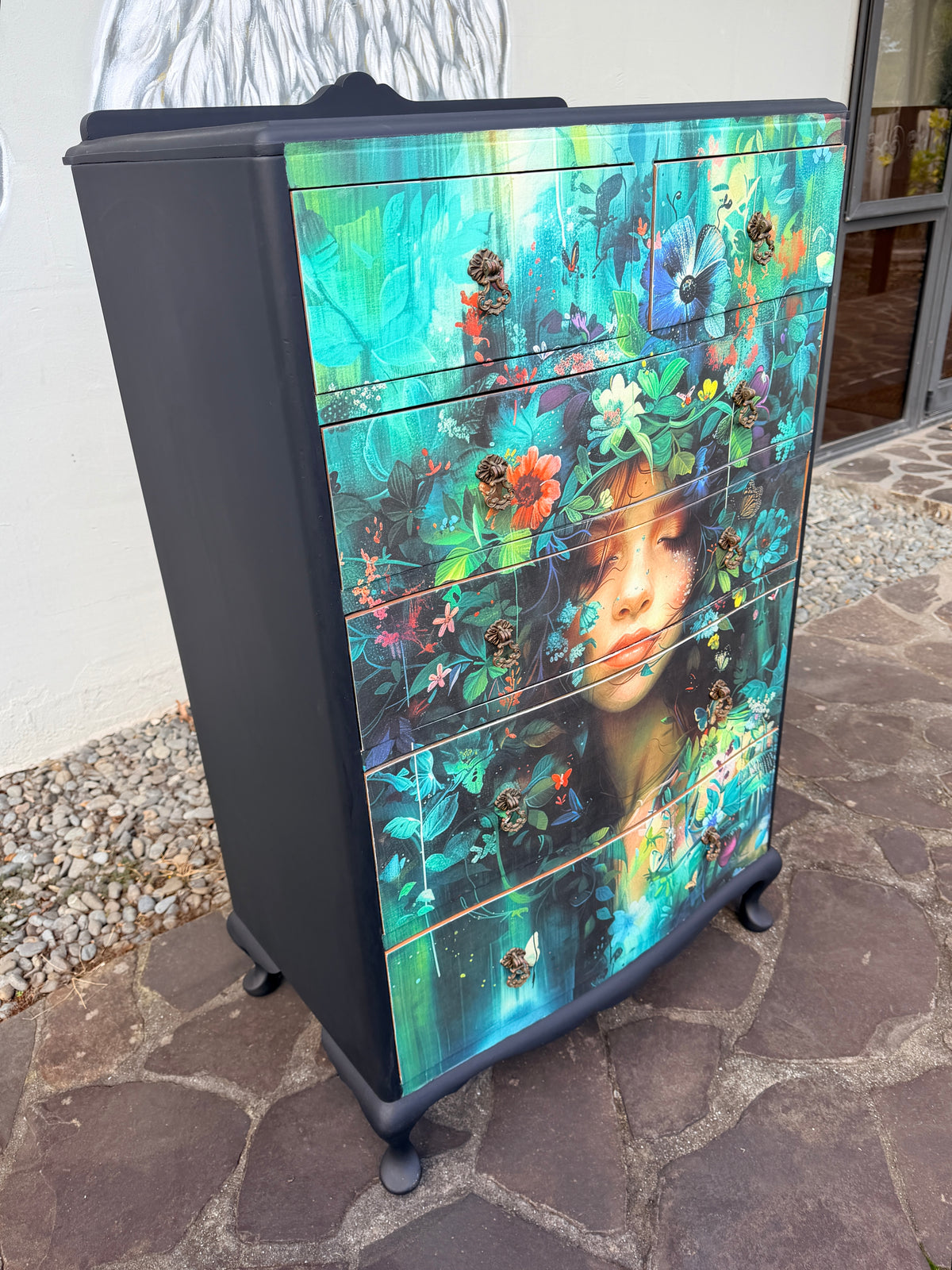 Lila II Botanical Black Noir Decoupage Tallboy 