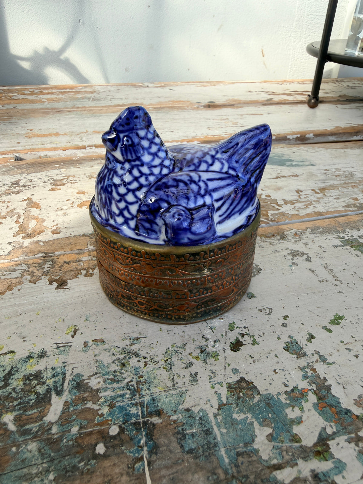 Blue & White Chinoiserie & metal Chicken trinket container