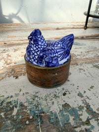 Blue & White Chinoiserie & metal Chicken trinket container