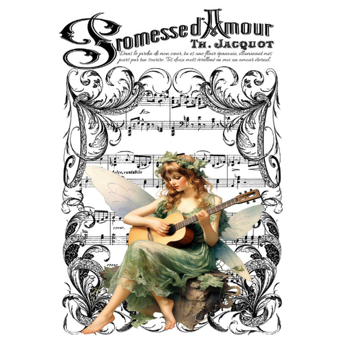 Fairy playing a guitar on a sheet music background with decorative text. Ecole de Musique White Cloud Transfer