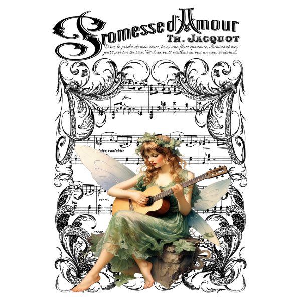 Fairy playing a guitar on a sheet music background with decorative text. Ecole de Musique White Cloud Transfer