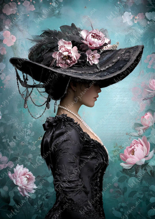 Eleanor | Edwardian Glamour Decoupage. Woman in an elaborate black hat with flowers against a floral background