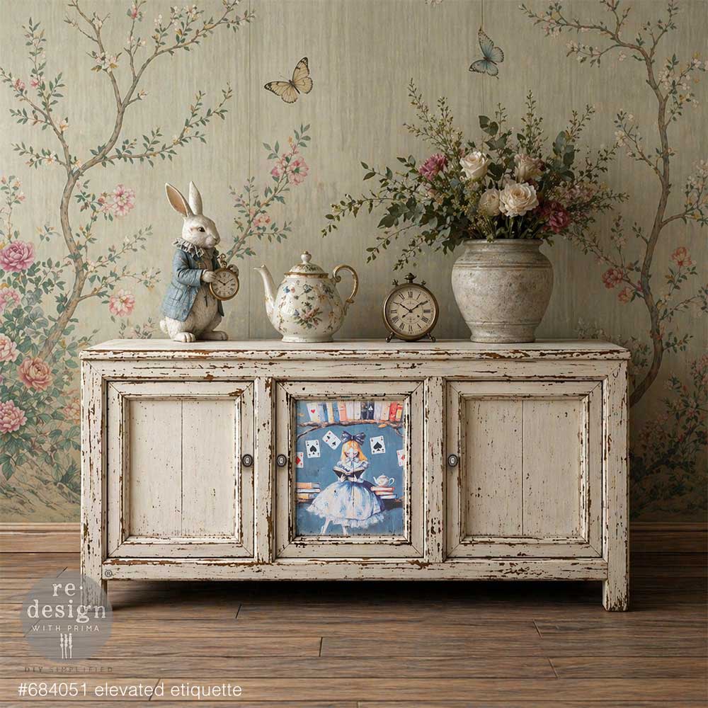Elevated Etiquette A2 Fiber Decoupage Paper 1 sheet alice woderland