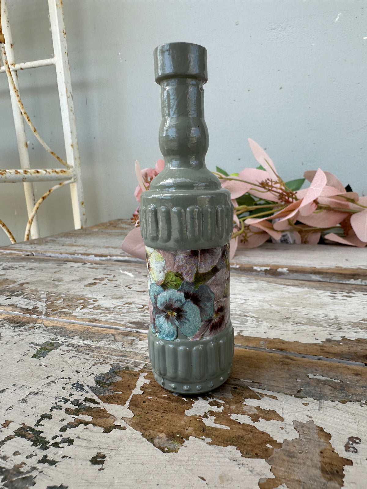 Painted glass bottle Newell w Pansies