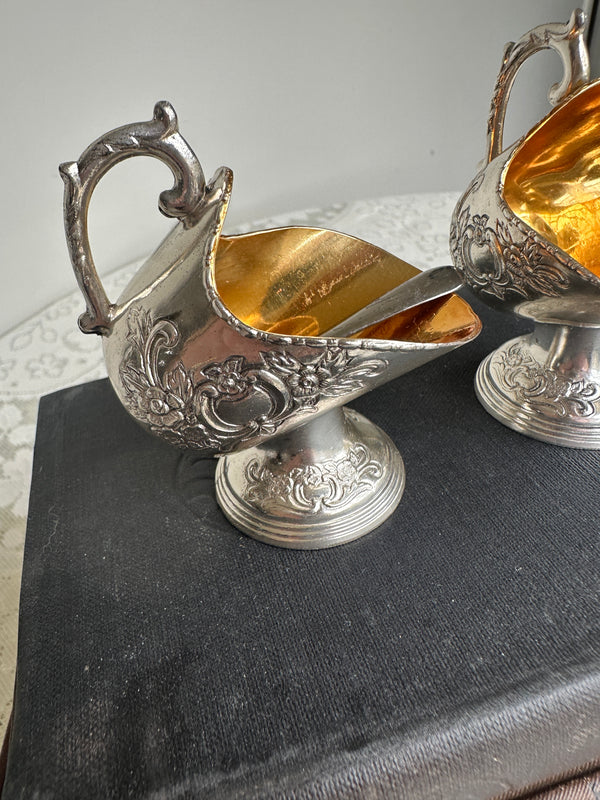 Miniature Sugar bowl w spoon ornate silver plate