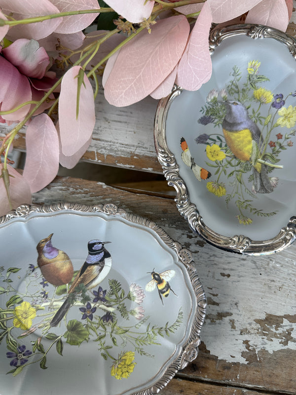 Birds & Bees painted silverware trinket bowl