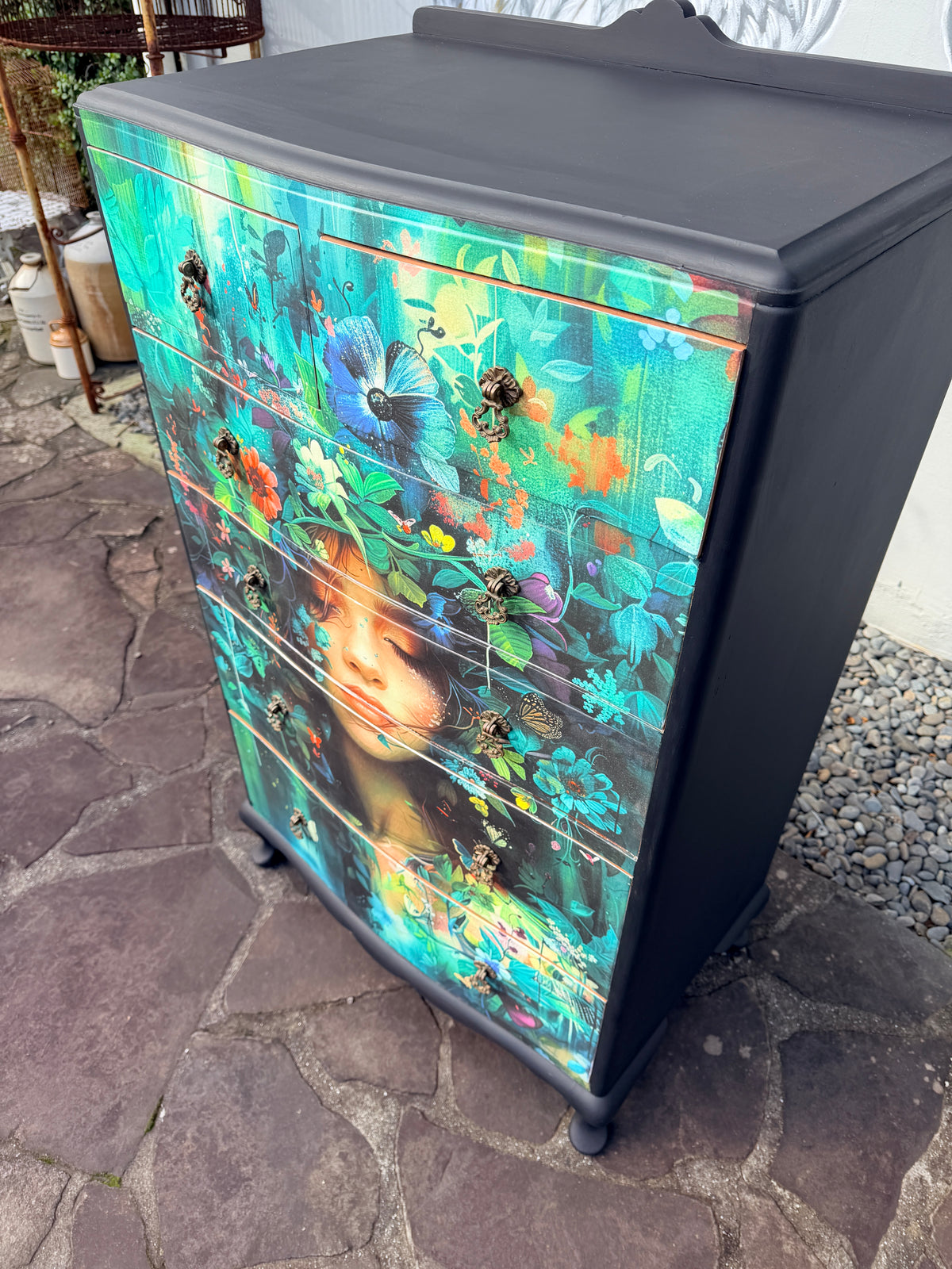 Lila II Botanical Black Noir Decoupage Tallboy 