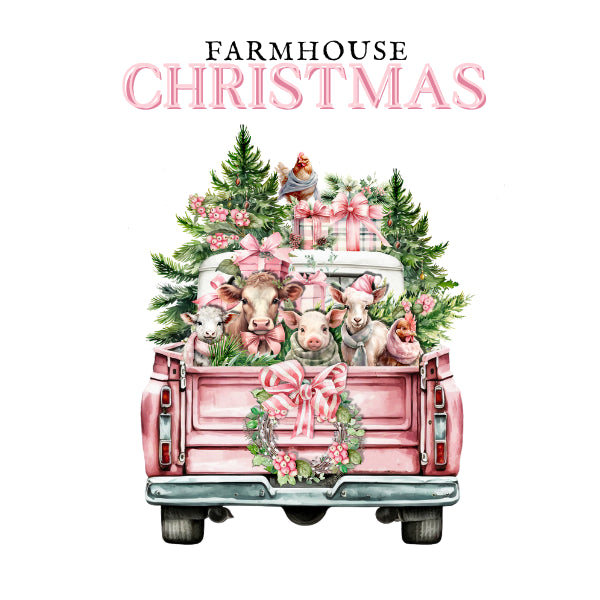 A festive watercolor-style graphic with the words “FARMHOUSE CHRISTMAS” above a pink pickup truck loaded with green trees, wrapped gifts, bunnies, and a wreath, on a plain white background.
