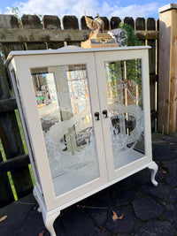 Cabinet with glass doors featuring embossed designs and text. Limestone Cream & White mirrored Display Cabinet with glass shelves