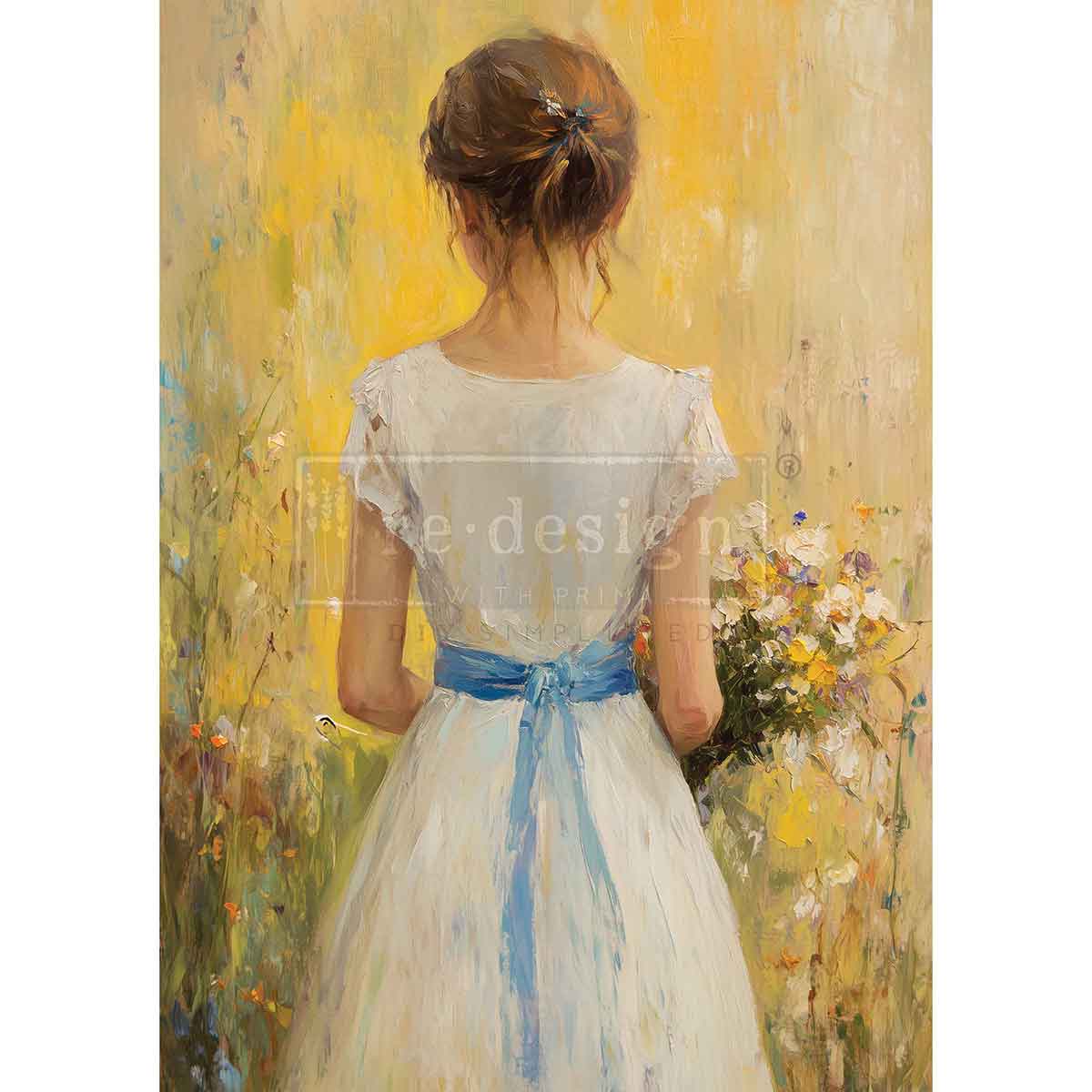 Painting of a woman in a white dress with a blue ribbon standing in a field of flowers. Fields of Grace A3 Fiber Decoupage Paper
