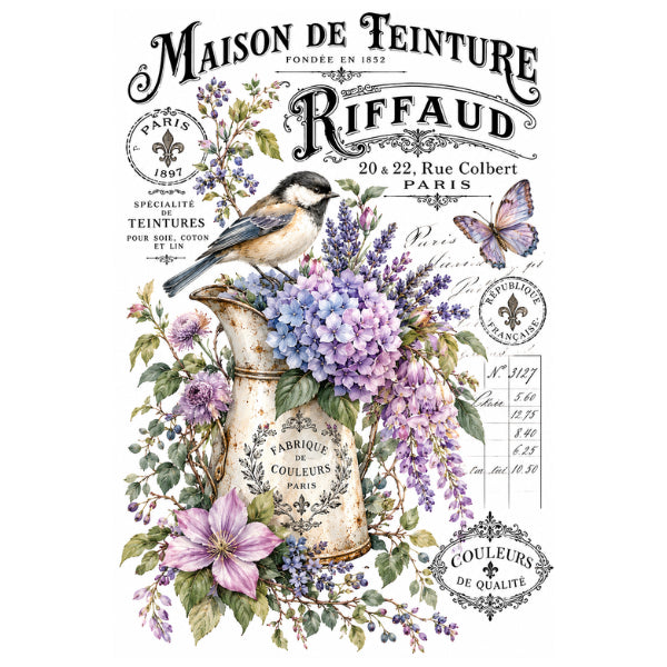 Vintage-style decorative print featuring a bird perched on a painted pitcher surrounded by purple flowers, green leaves, a butterfly, and ornate French text reading “Maison de Teinture Riffaud” on a white background. Fleurs 12 White Cloud Transfer