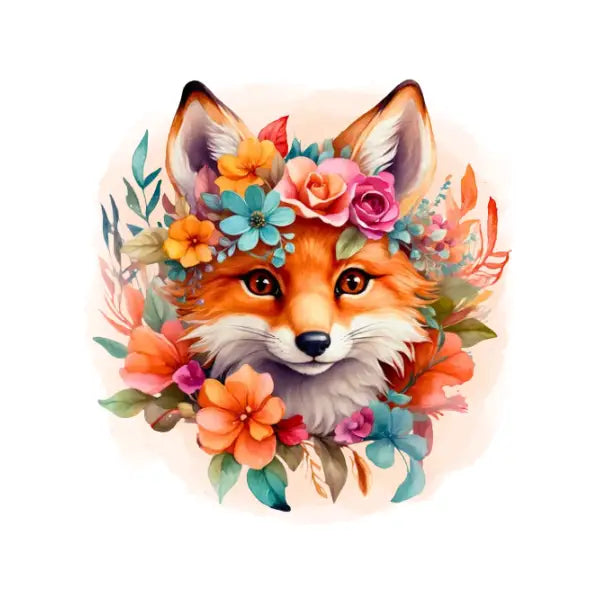 Colorful illustration of a fox surrounded by flowers and leaves on a white background