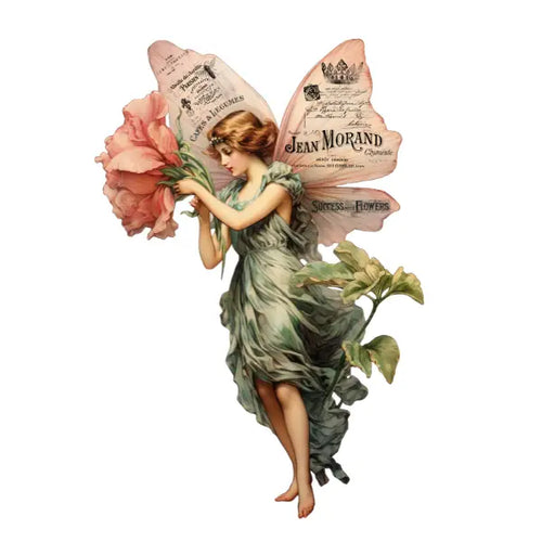 Vintage-style illustration of a fairy holding flowers with product labels on her wings.