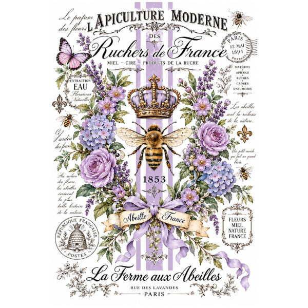A decorative vintage-style poster or print featuring a central bee beneath a crown, surrounded by purple flowers, lavender ribbons, butterflies, and French text including 'L'Apiculture Moderne,' 'Ruchers de France,' 'Abelie France,' and 'La Ferme aux Abeilles.' The artwork fills most of the frame on a white background.