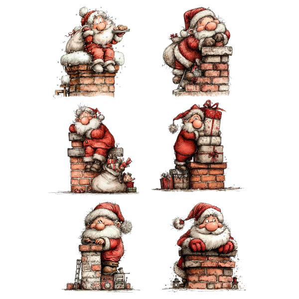 Six hand-drawn style illustrations of Santa Claus sitting on brick chimneys in different poses, with gifts and a sack of toys nearby, arranged in a 2x3 grid on a white background. FUNNY SANTA transfer