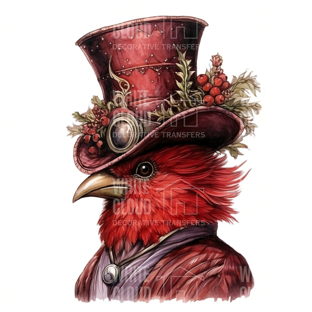 Steampunk Red Bird Feathers 1 White Cloud Transfer