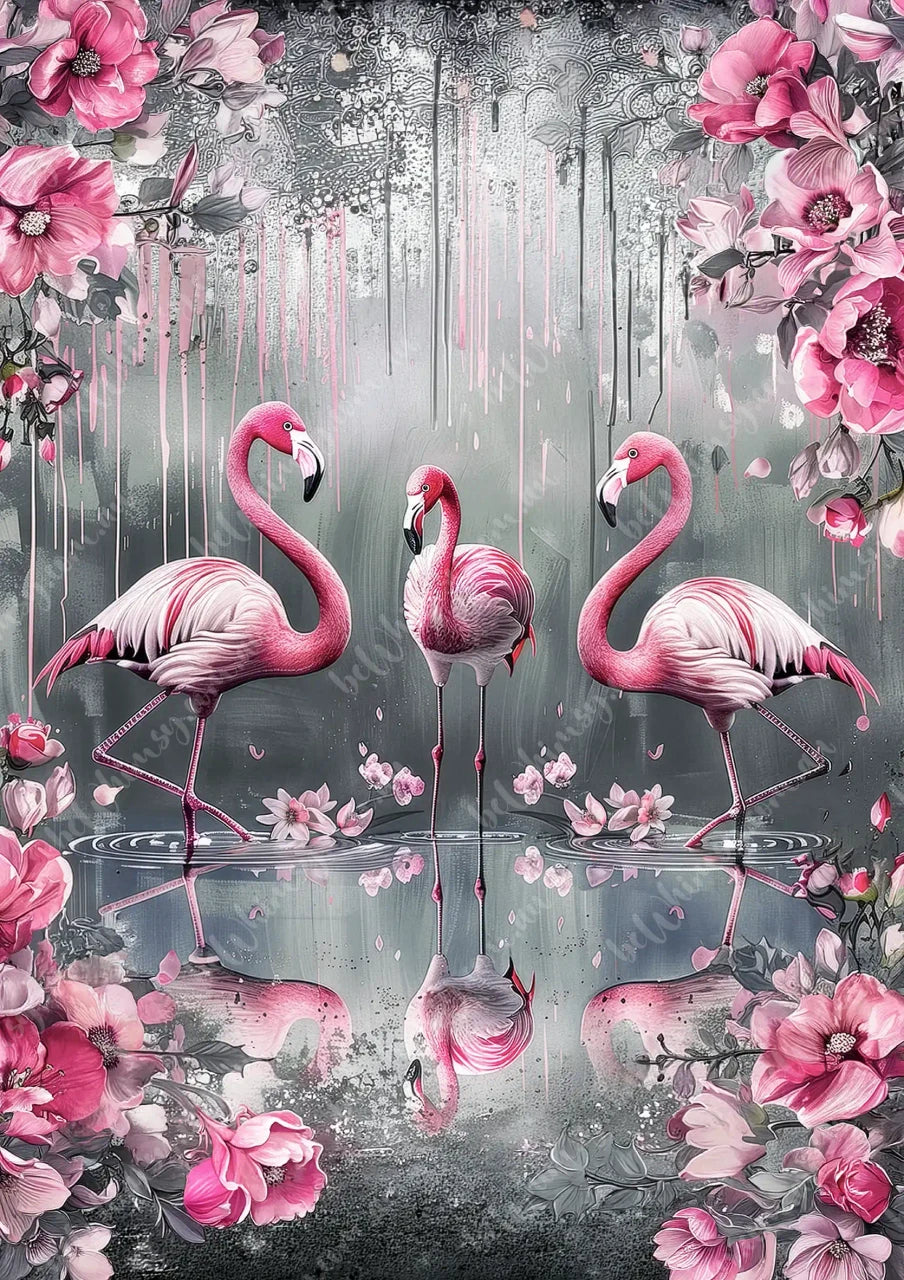 Three pink flamingos standing in water surrounded by pink flowers on a gray background. Flamingo Salad Mulberry Decoupage Paper tropical gothic