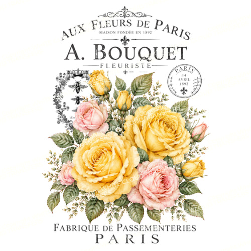 A vintage-style floral label design with the text 'AUX FLEURS DE PARIS', 'A. BOUQUET', and 'FABRIQUE DE PASSEMENTERIES PARIS' surrounding an illustrated bouquet of pale yellow and blush pink roses with green leaves on a white background. Fleurs 11 White Cloud Transfer