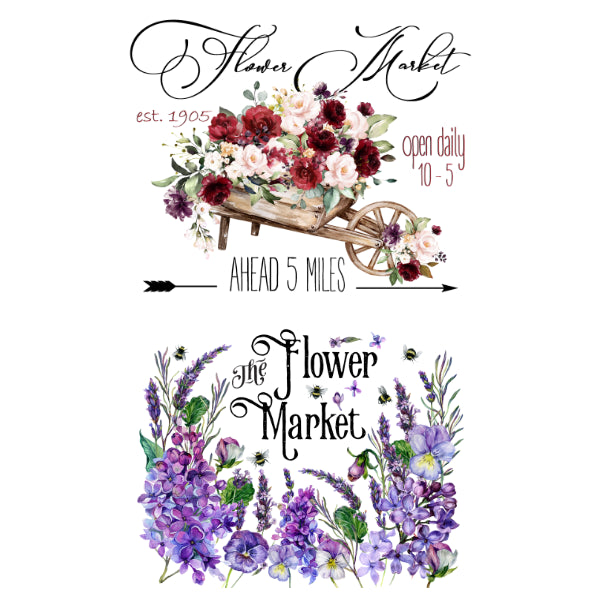 Floral design with 'Flower Market' text and wheelbarrow filled with flowers on a white background. Flower Market Ahead White Cloud Transfer