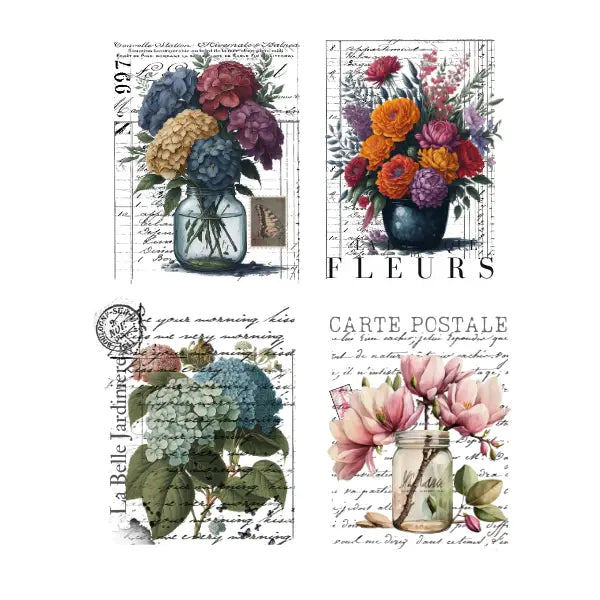 Four floral designs with text and vintage elements on a white background