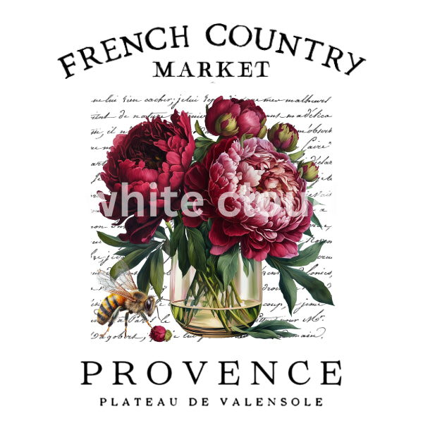 Floral arrangement with a bee and text on a white background, featuring the brand 'French Country Market Provence Plateau de Valensole'. French Country Provence Market White Cloud Transfer