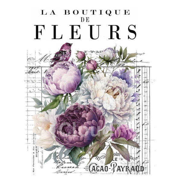 Floral design with purple and white flowers and a bird, featuring the text 'La Boutique de Fleurs' and 'Cacao Payraud'.