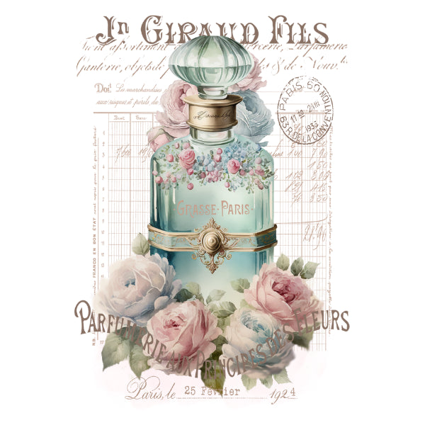 Decorative illustration of a perfume bottle with floral elements and text on a white background French Perfume Bleu White Cloud Transfer