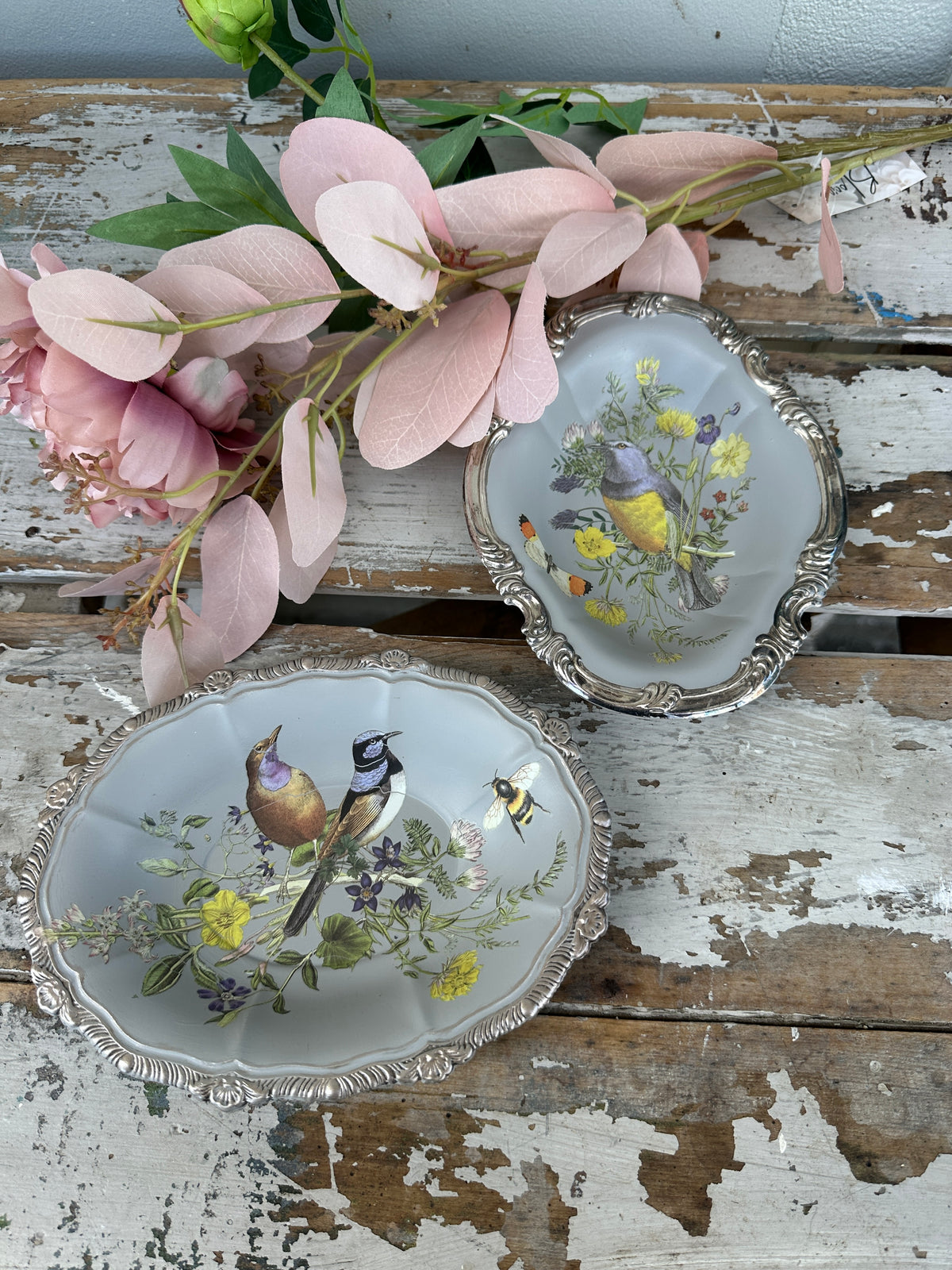 Birds & Bees painted silverware trinket bowl