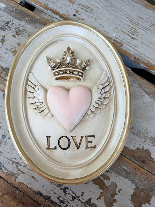 Pink Winged Heart w Crown Love Ecru Wall Art