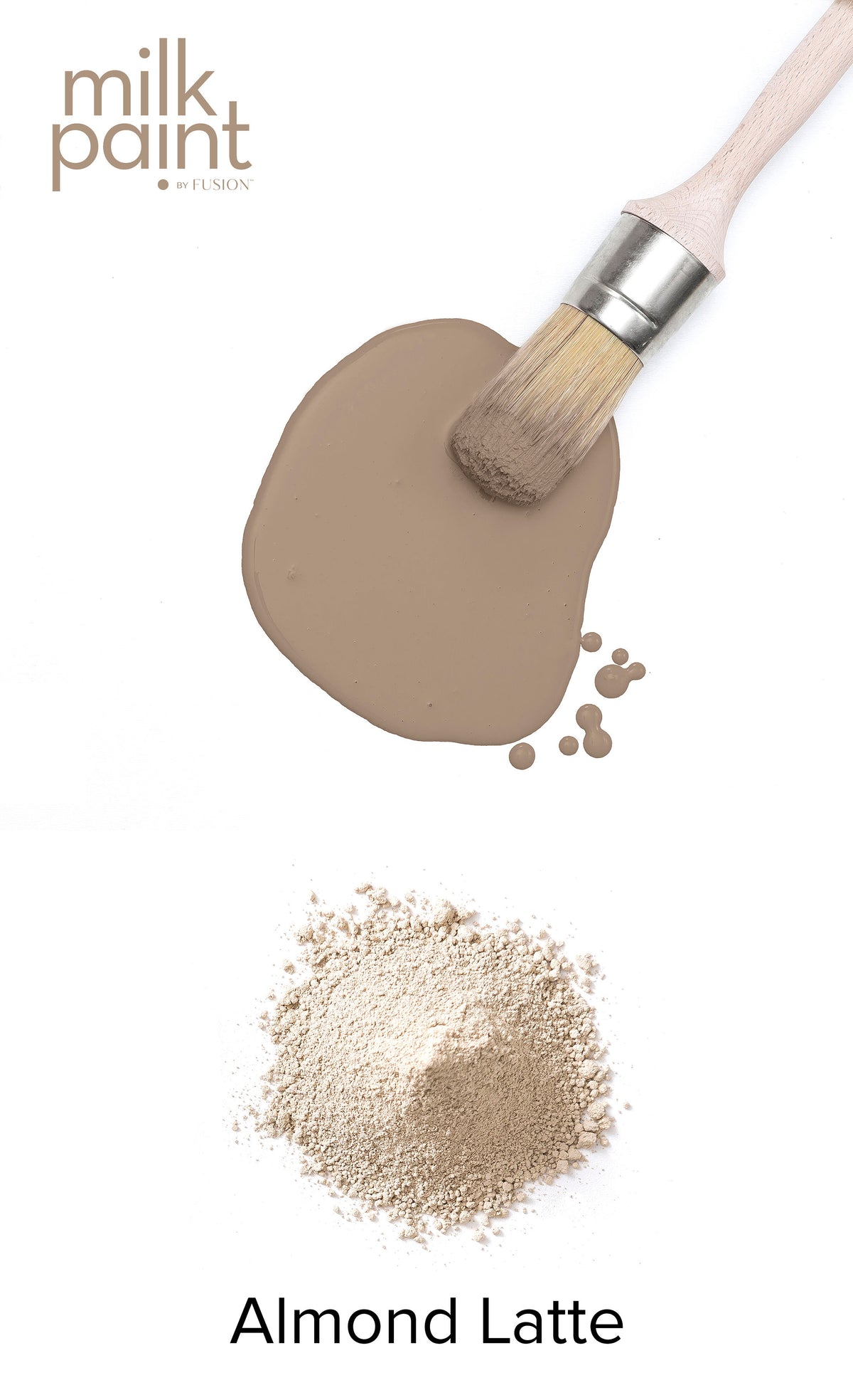 Almond Latte milk paint with a brush and powder on a white background, featuring the Milk Paint London brand. Almond Latte Fusion Milk Paint