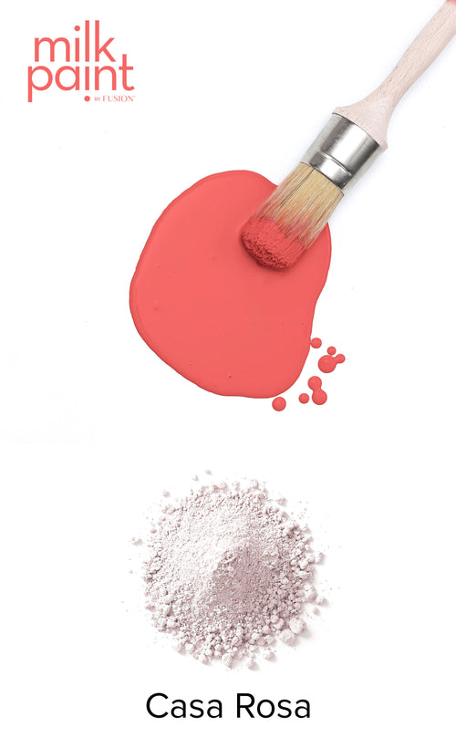 Milk paint with a brush and pink color swatch on a white background. Casa Rosa Fusion Milk Paint